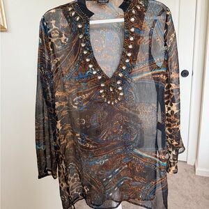 Venus Glam Gemstone Leopard Print Swim Cover Up S/M - Blue/Brown/Black